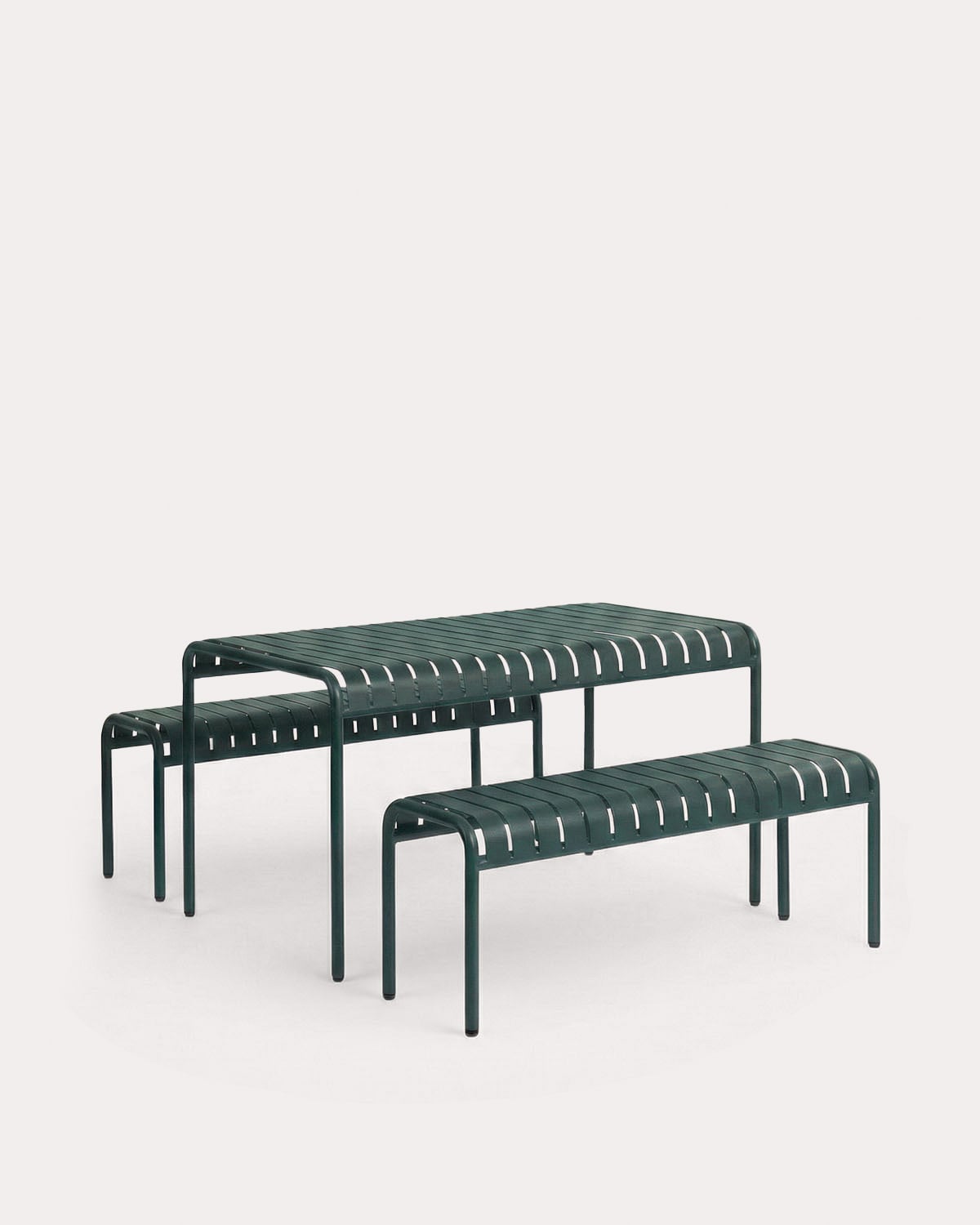 Outdoor Rectangular Table Set (130x80 cm) and 2 Metal Benches Tavo, gallery image 1