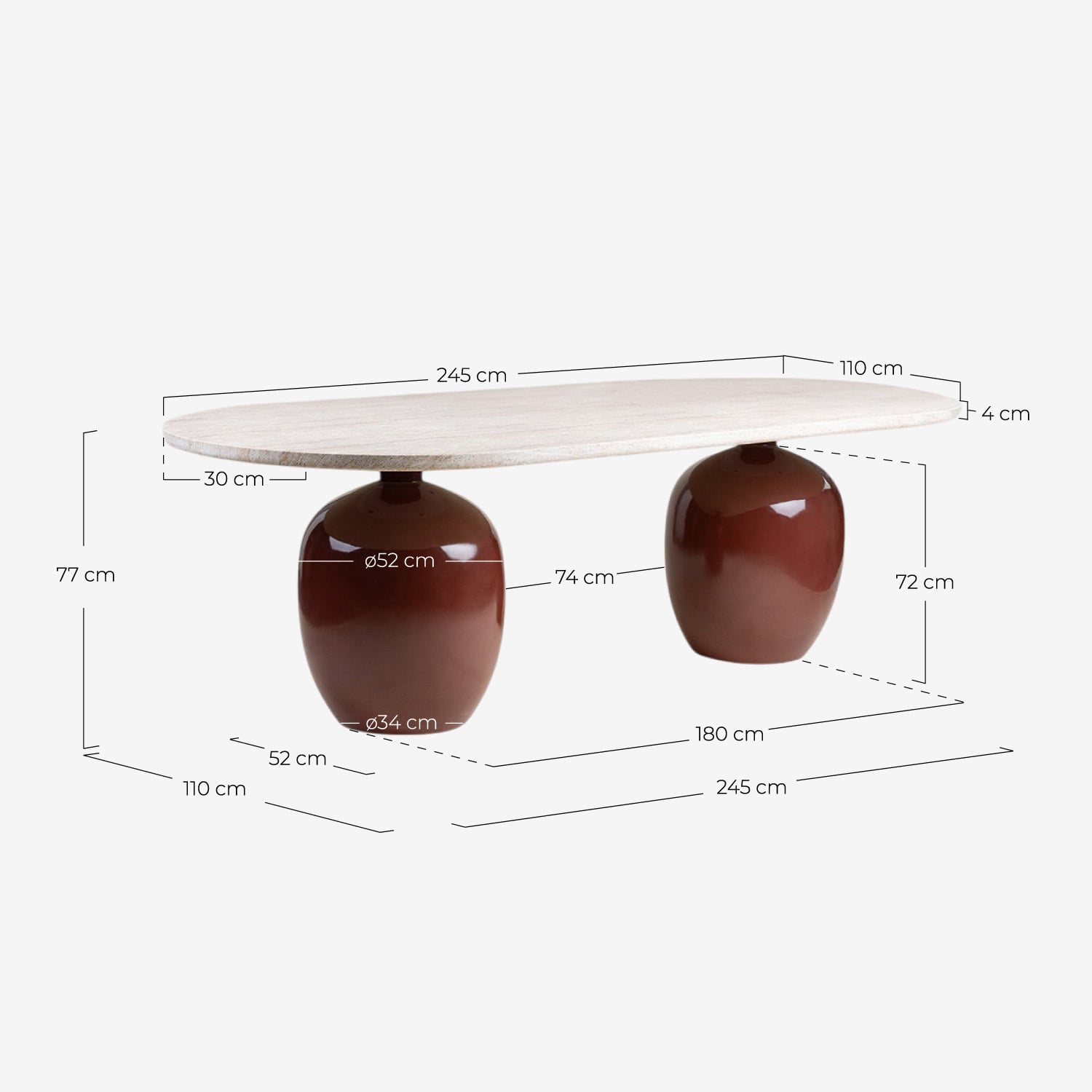 Oval Cement Dining Table (245x110 cm) Uxue, measurements