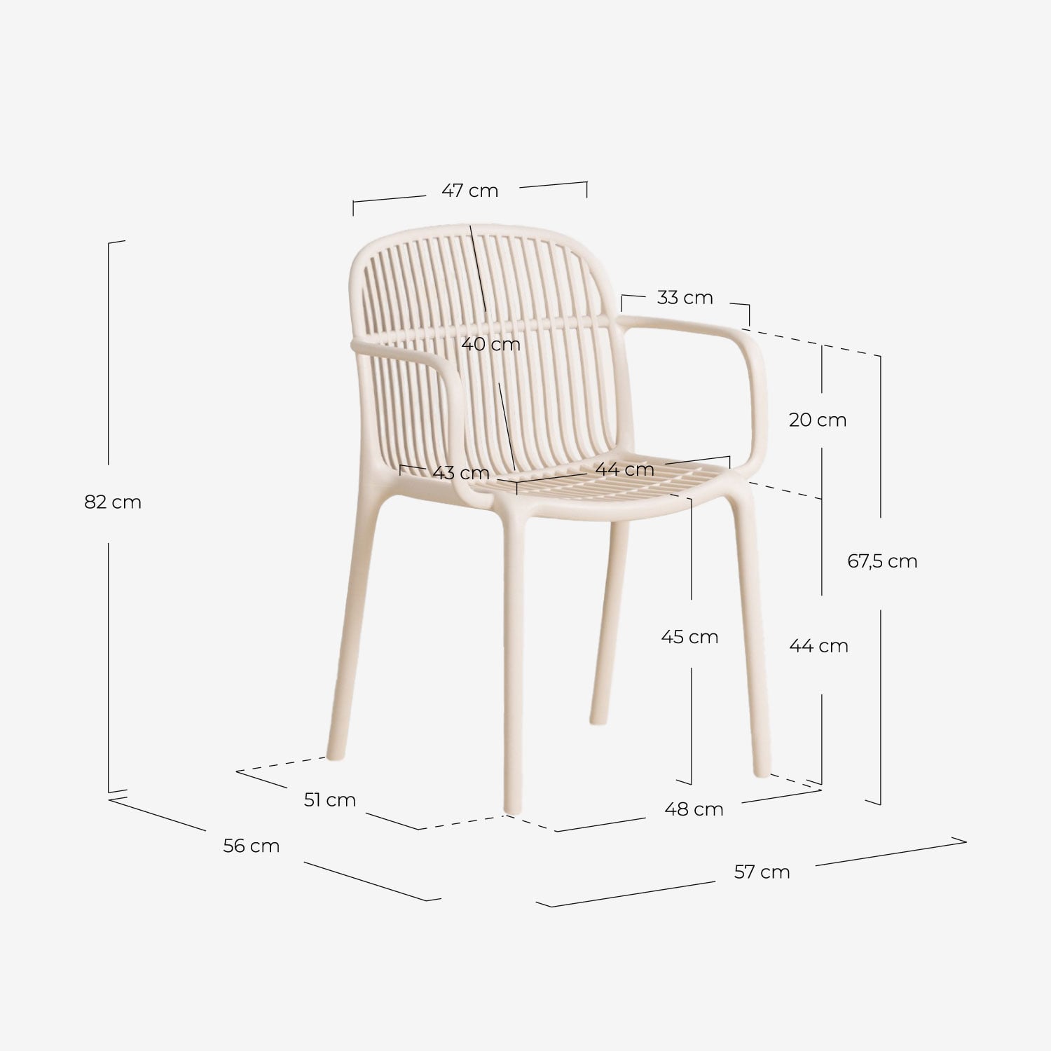 Polypropylene Outdoor Chair with Armrests Aisha, measurements