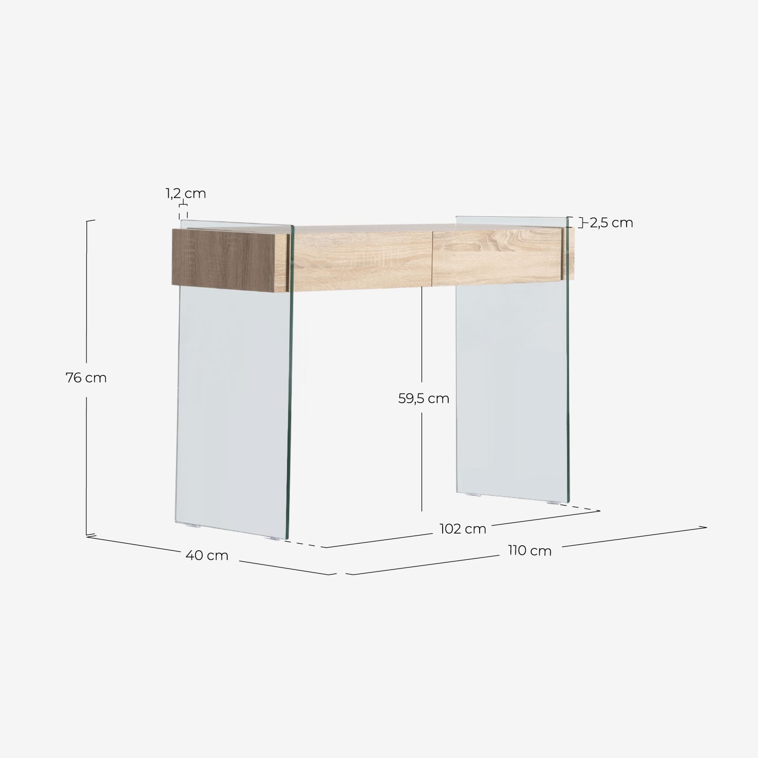 Rectangular hallway console table with 2 drawers 110x40 cm in wood and glass Galad, measurements