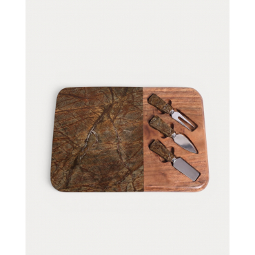 Marble and Acacia Wood Cheese Board Set with 3 Knives Serbal Forest Brown Marble - The Masie
