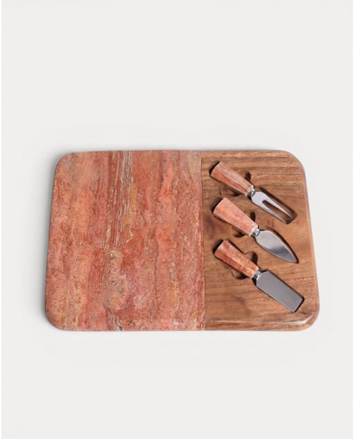 Marble and acacia wood cheese board set with 3 knives Serbal