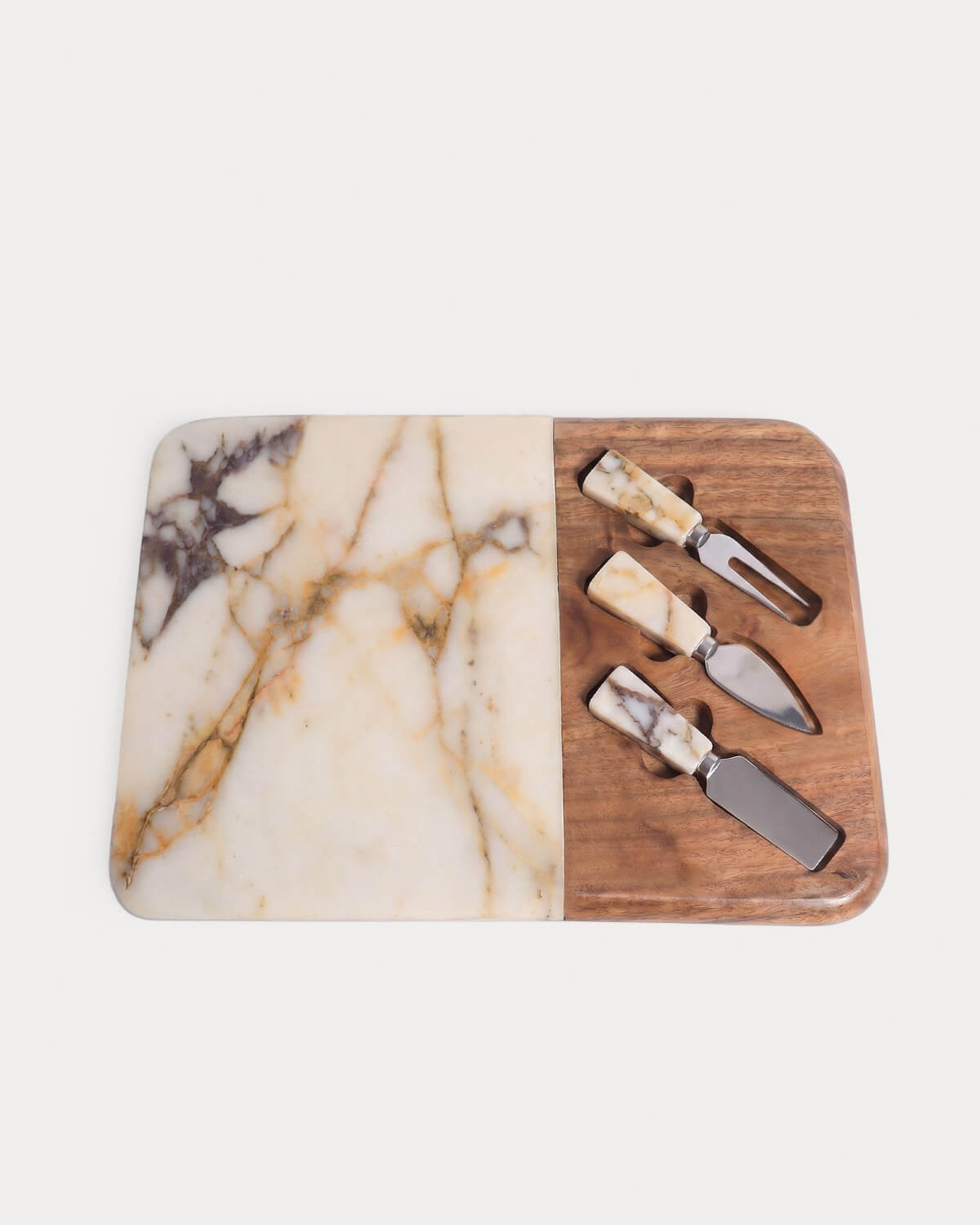 Marble and acacia wood cheese board set with 3 knives Serbal, gallery image 4