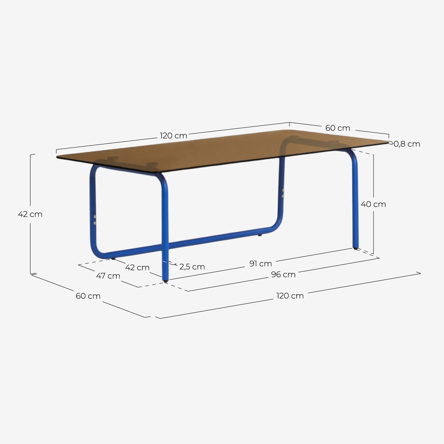 Metal and Tempered Glass Outdoor Coffee Table (120x60 cm) Mitha, measurements