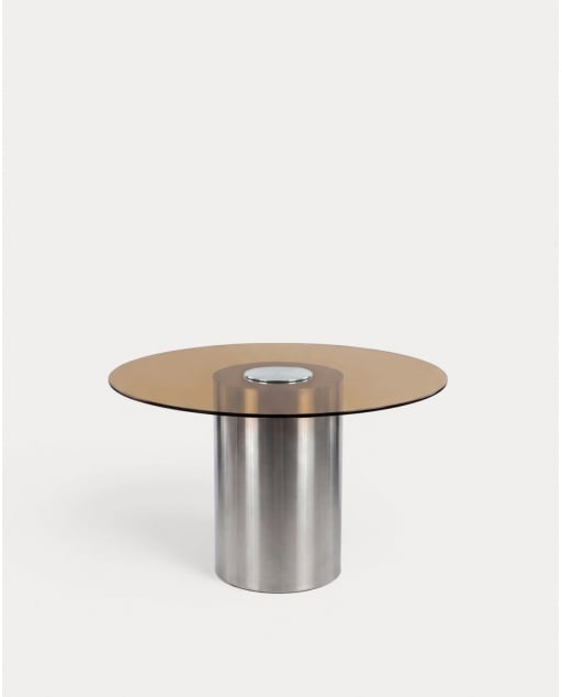 Round Dining Table in Tempered Glass and Brushed Steel (Ø130 cm) Revna