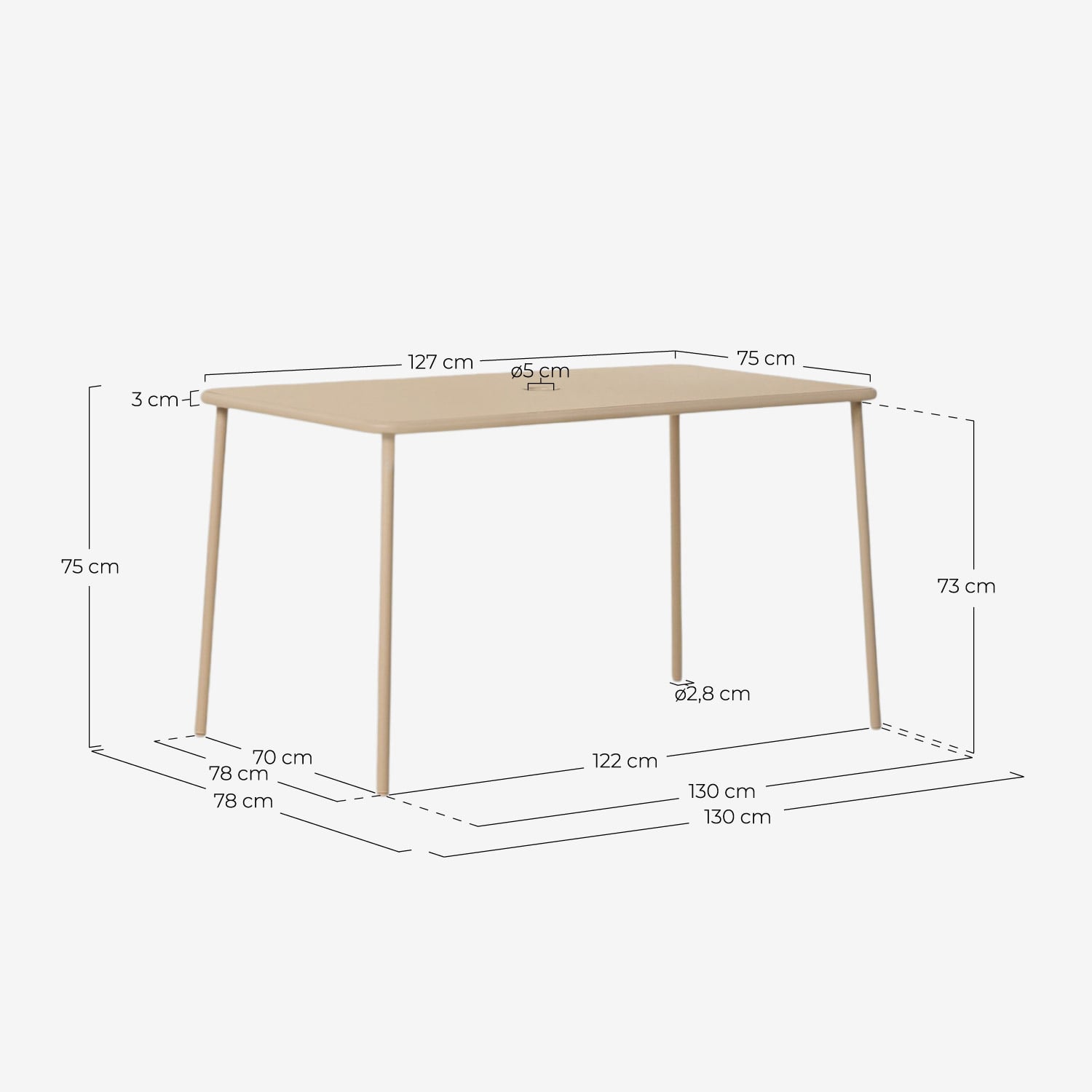 Rectangular Metal Outdoor Table (130x78 cm) Mijail, measurements