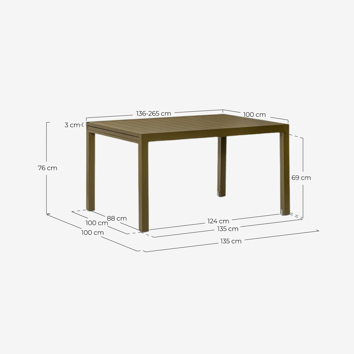Extendable Rectangular Outdoor Aluminum Table (135-265x100 cm) Seila, measurements