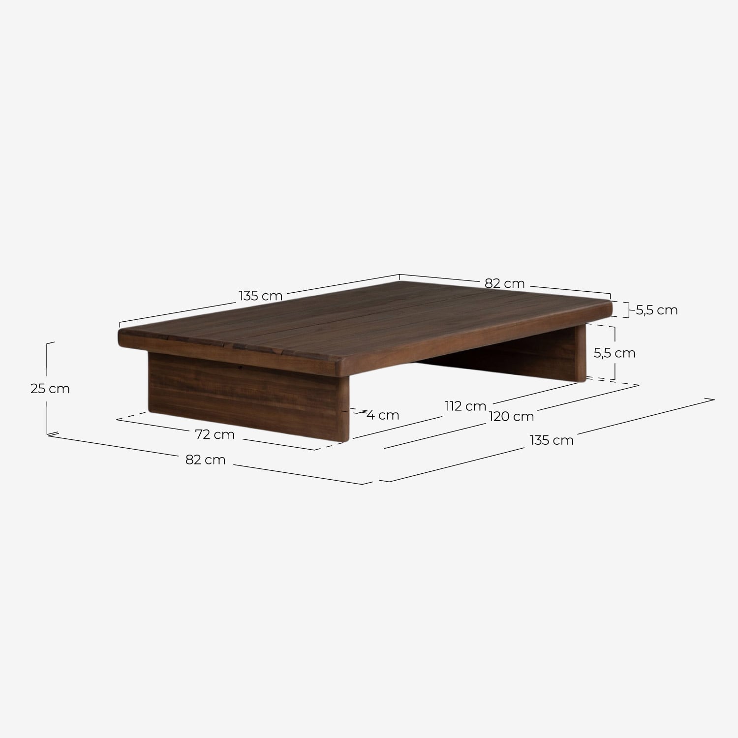 Acacia Wood Rectangular Coffee Table (135x82 cm) Ayanis, measurements