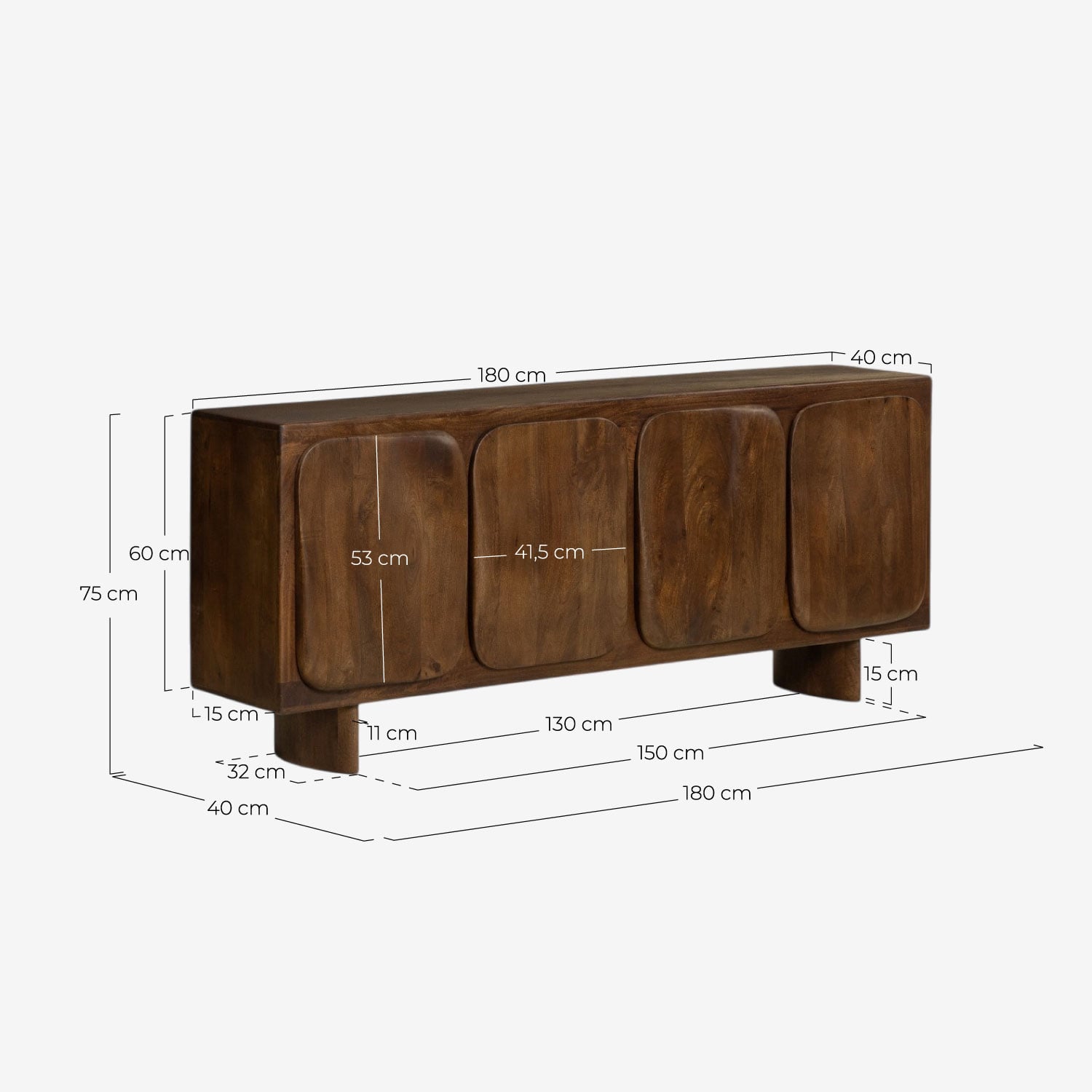 Low Sideboard with 4 Doors 180x40 cm Mango Wood Orlean, measurements