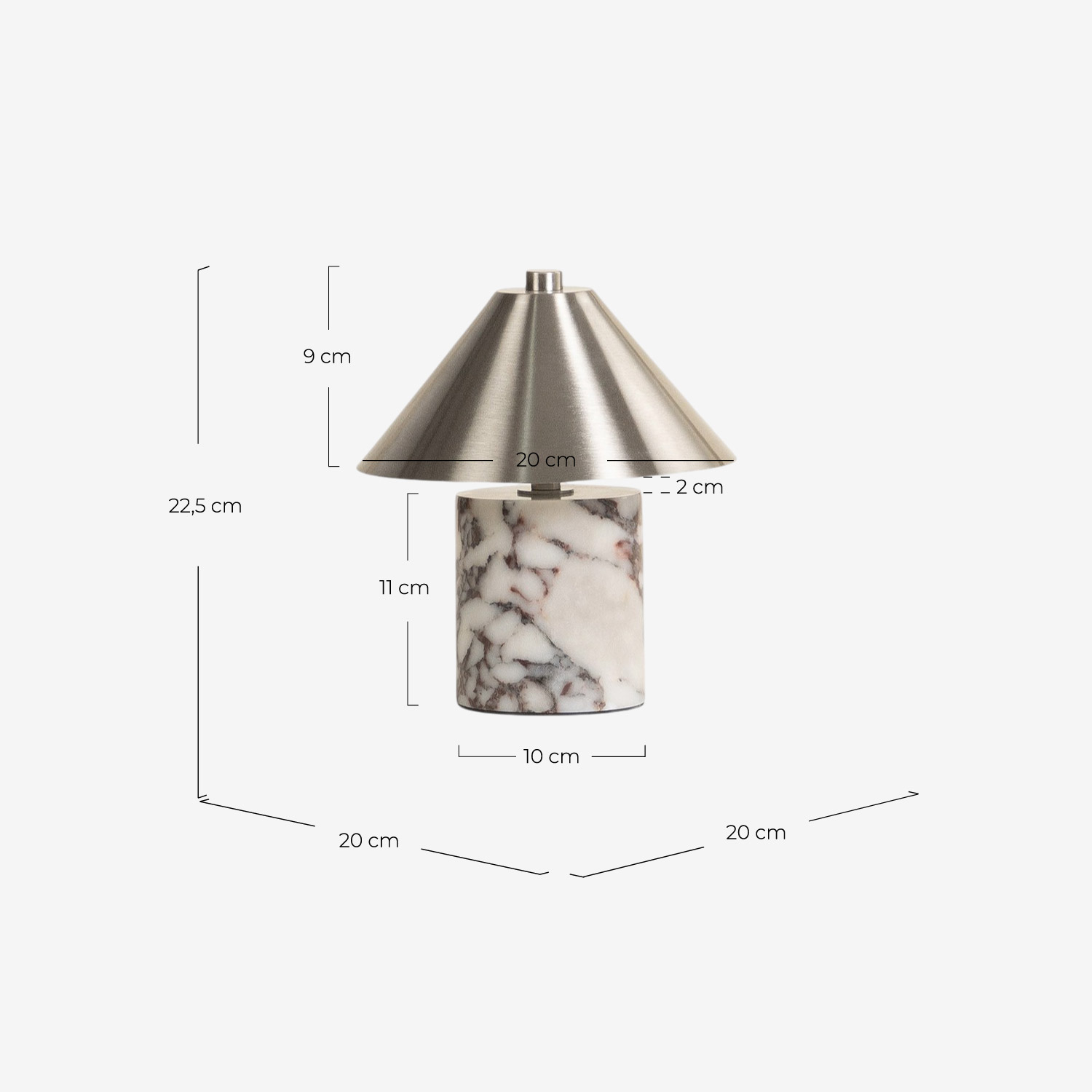 Lámpara de mesa led inalámbrica de mármol y metal Obely, medidas