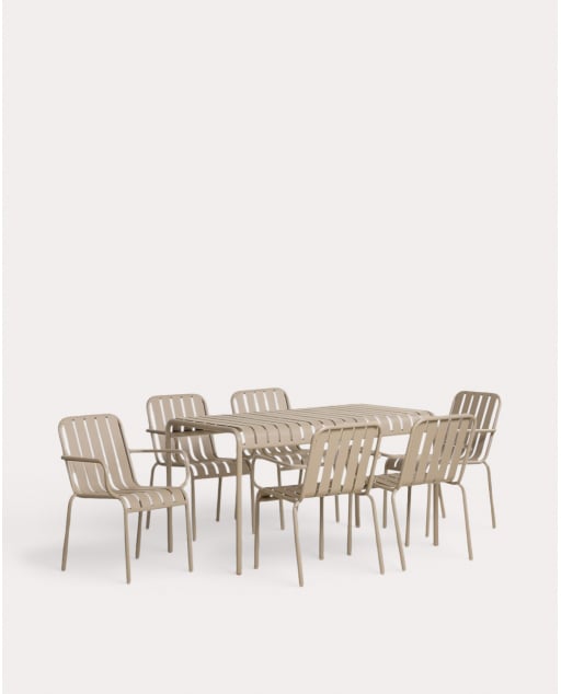 Rectangular Table Set (130x80 cm) and 6 Chairs with Metal Armrests Tavo - Brown Clay