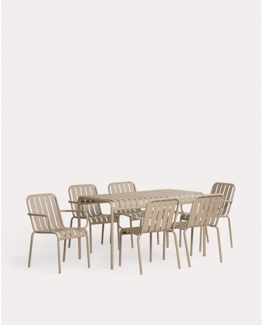 Rectangular Table Set (130x80 cm) and 6 Chairs with Metal Armrests Tavo - Brown Clay
