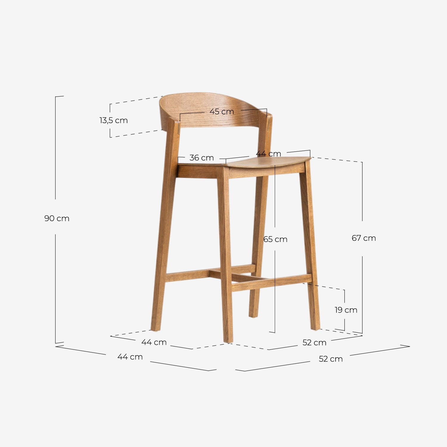 High Oak Wood Stool Laly, measurements