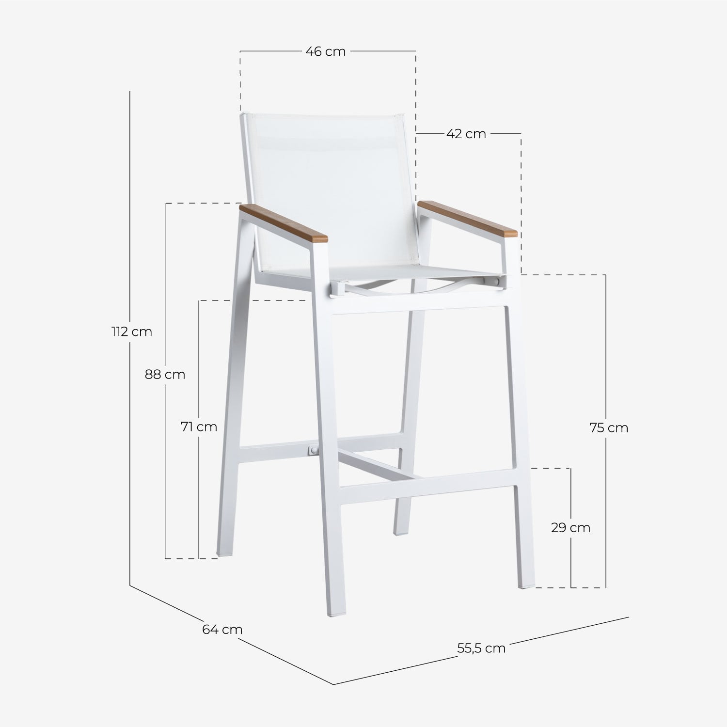 Pack of 2 outdoor 75 cm aluminium bar stools Korce, measurements