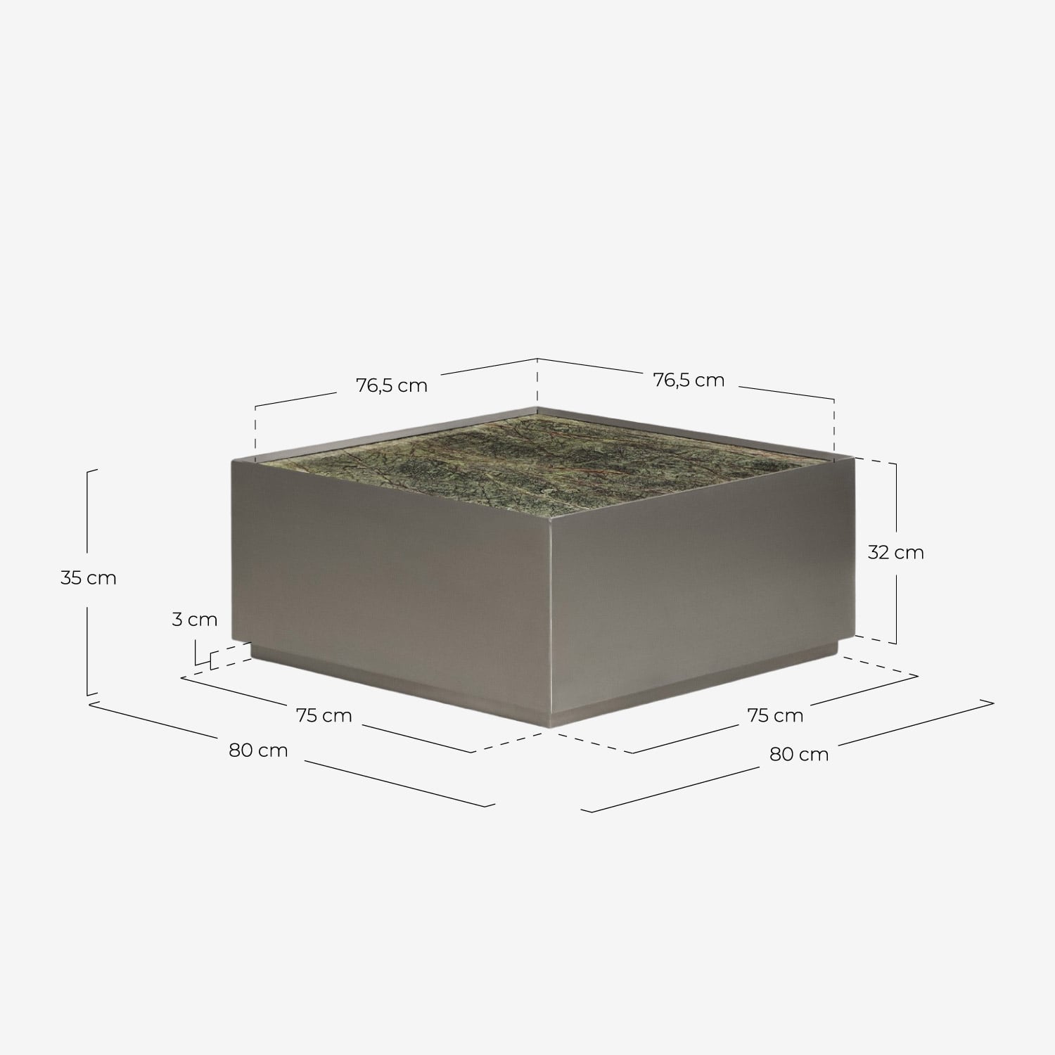 Square Coffee Table in Stainless Steel and Marble (80x80 cm) Imogen, measurements