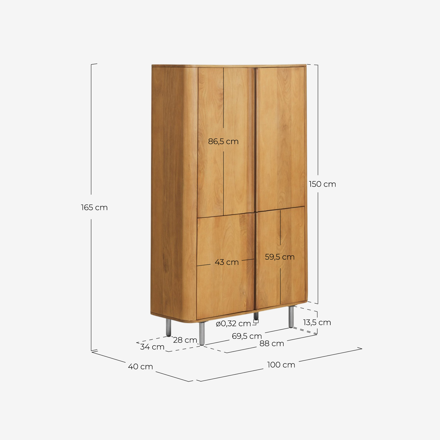 Mhuan 4-Door Mango Wood and Metal Wardrobe, measurements