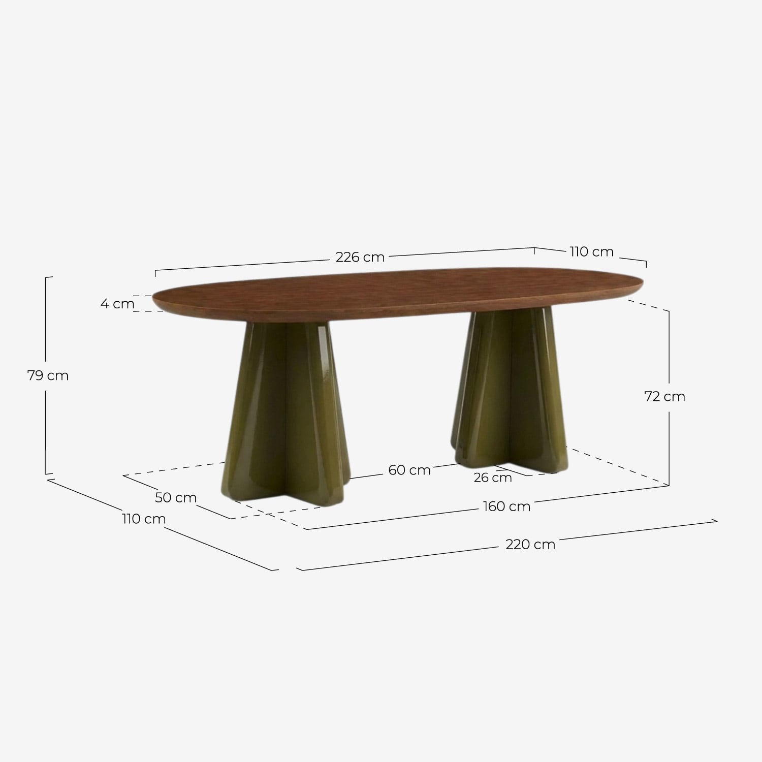 Oval dining table 220x110 cm made of wood Roxenna, measurements