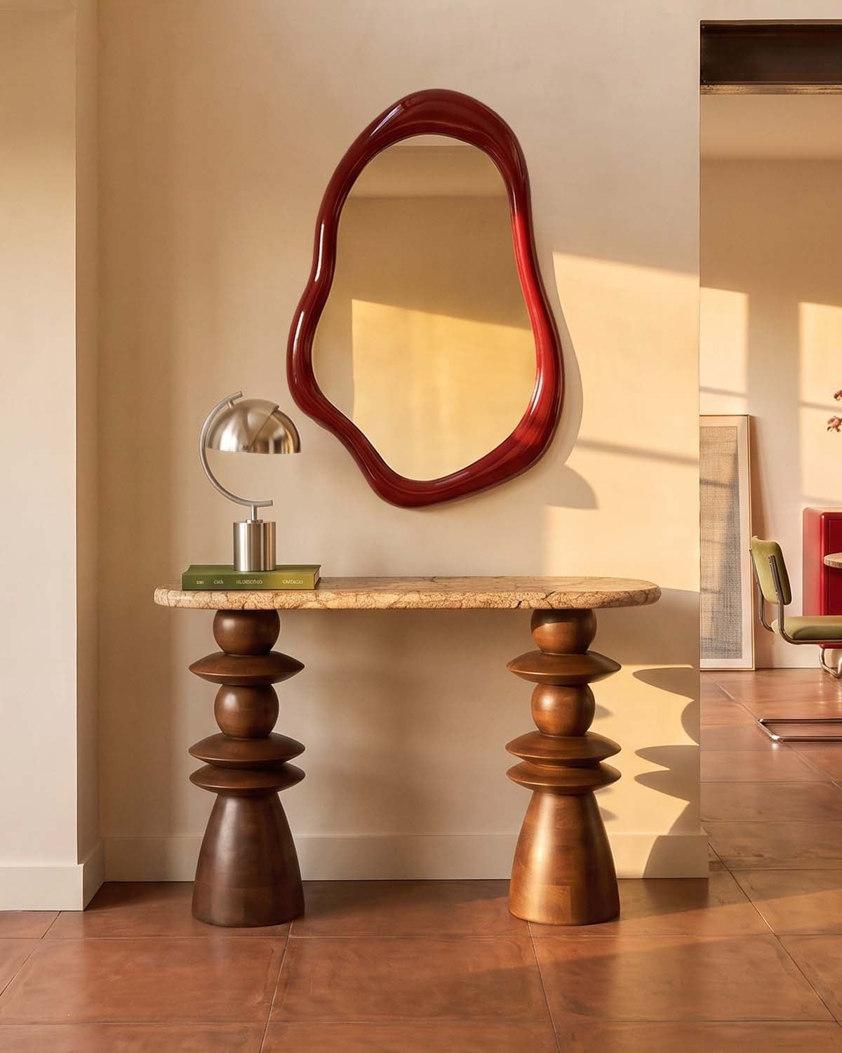 Oval hallway console table 110x40 cm in marble and mango wood Erato, gallery image 2