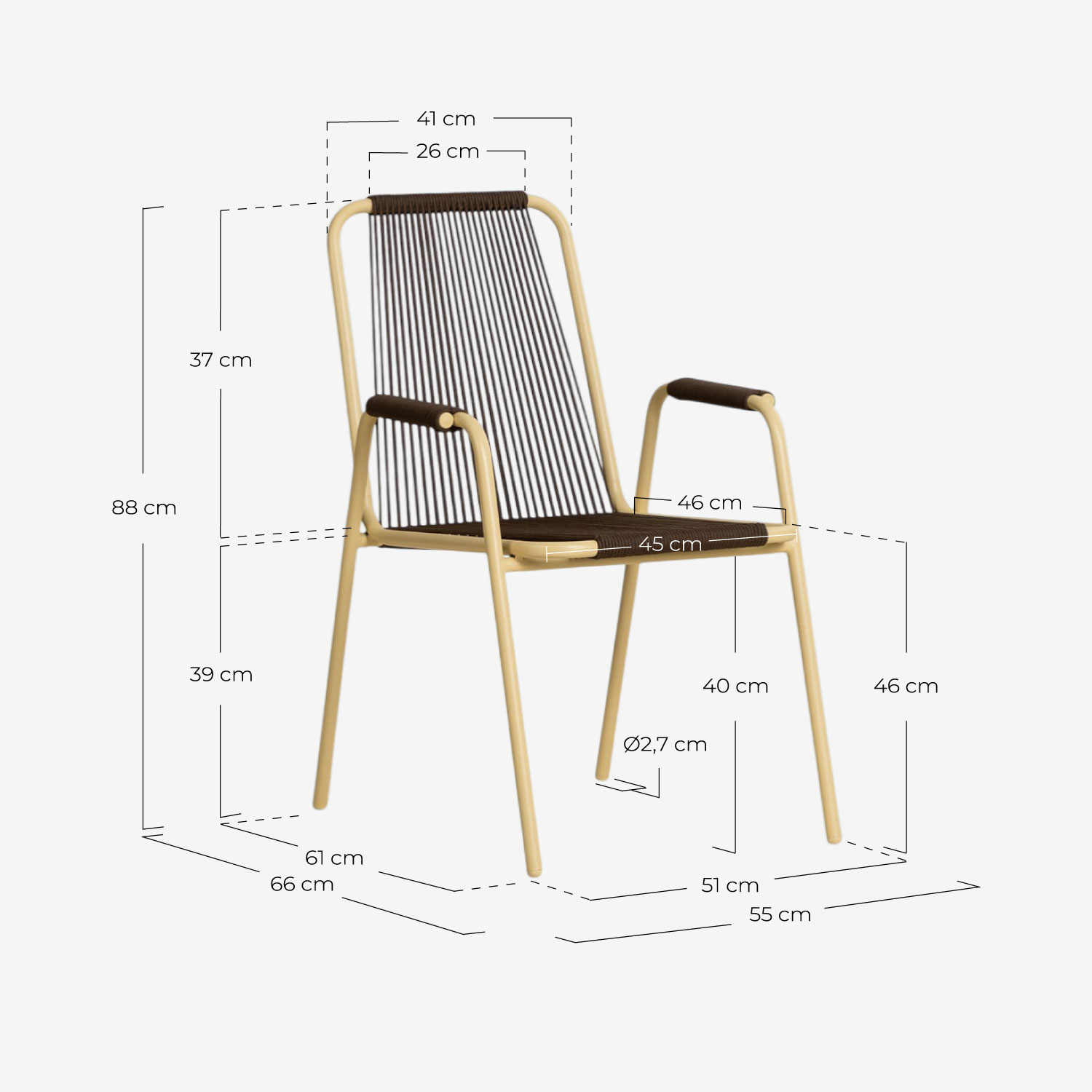 Pack of 4 dining chairs with metal armrests and rope Mayailer, measurements