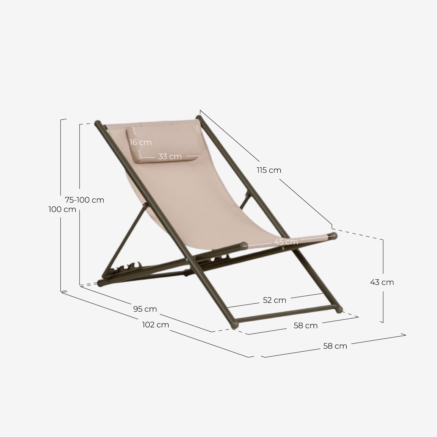 Reclining metal and fabric sun lounger Ohiane, measurements