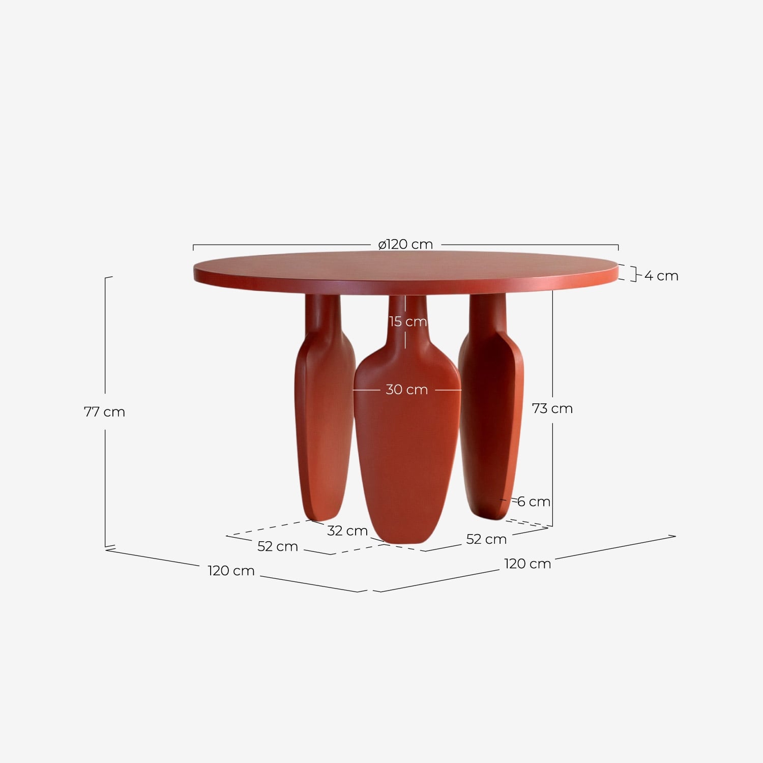 Outdoor dining set with round concrete table Ø120 cm Ylena and 4 metal and rope armchairs Murna, measurements