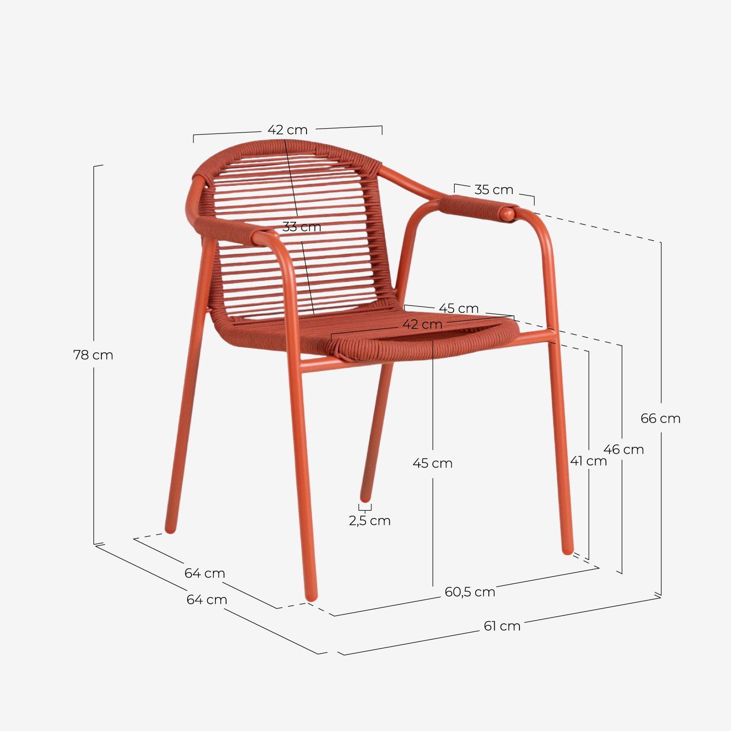Outdoor dining set with round concrete table Ø120 cm Ylena and 4 metal and rope armchairs Murna, measurements