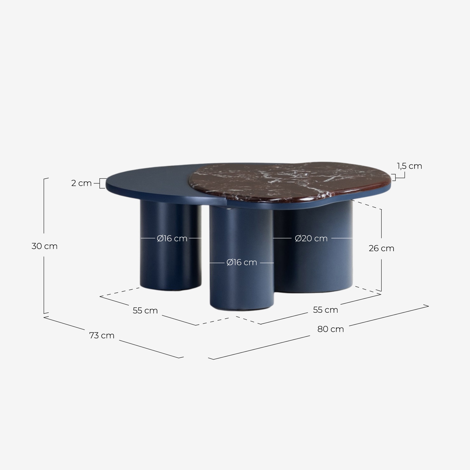 Coffee table 80x73 cm made of marble and wood Zenia, measurements